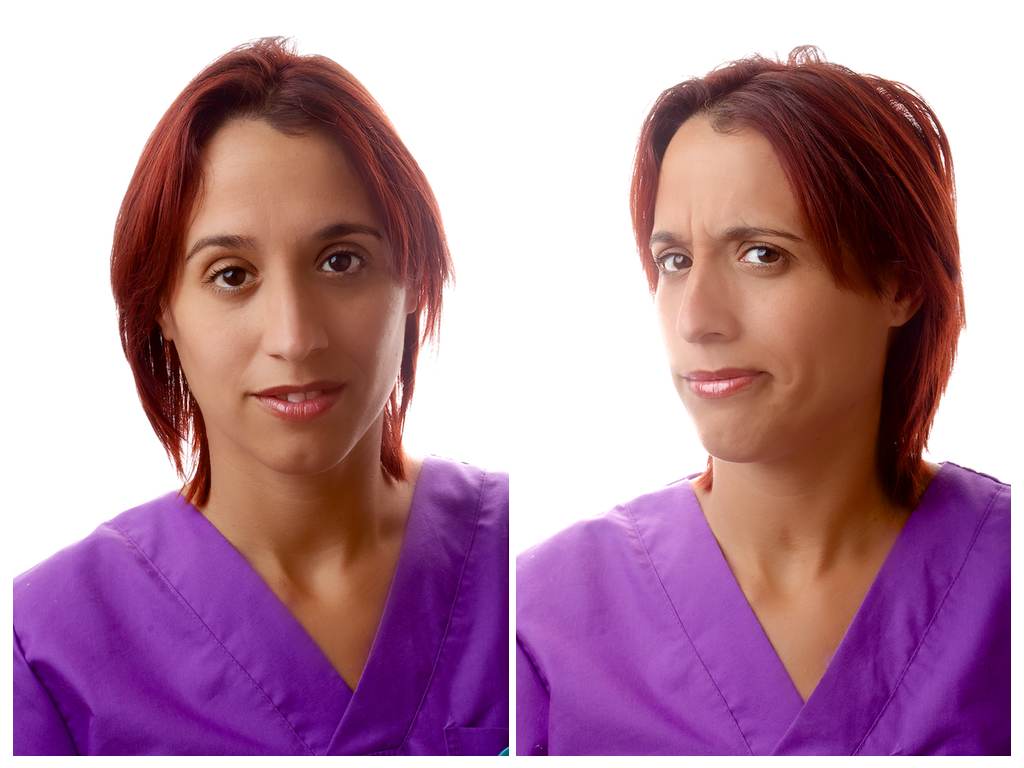Two photos of a woman from an administrative profession, one with a professional look and the other with a joke