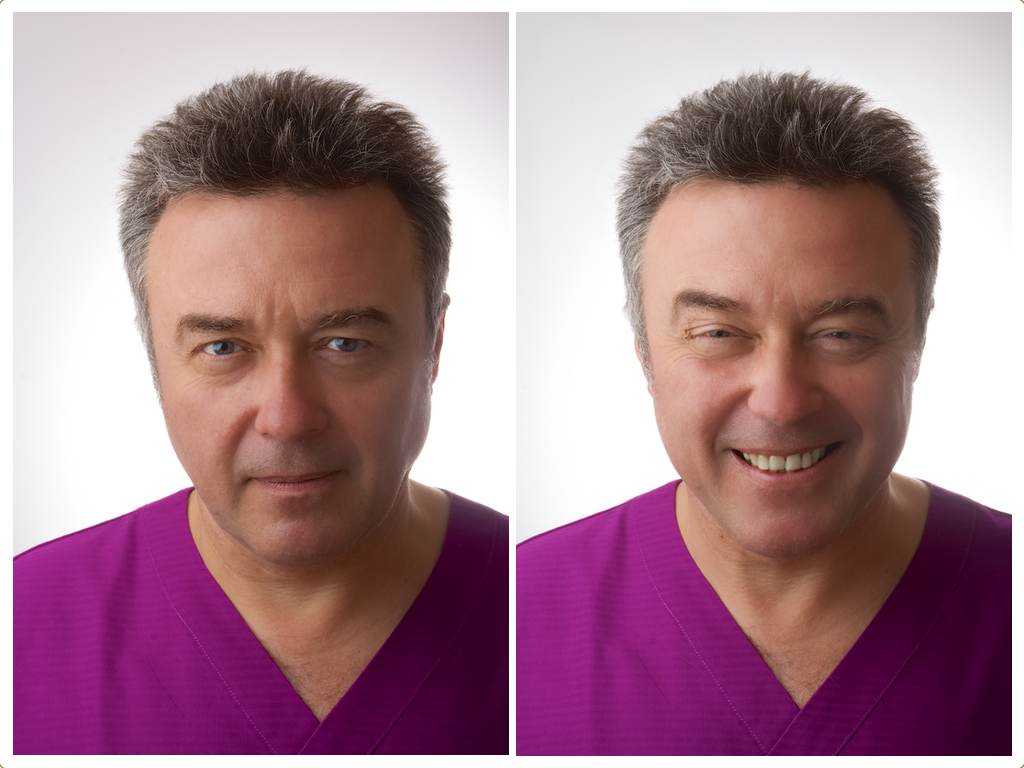 Two photos of a gentleman dentist, one looking very professional and the other smiling
