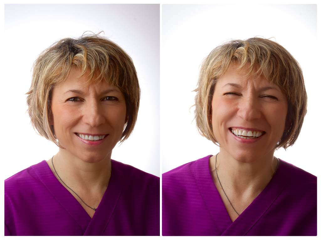 Two photos of a female dentist, one looking very professional and the other smiling