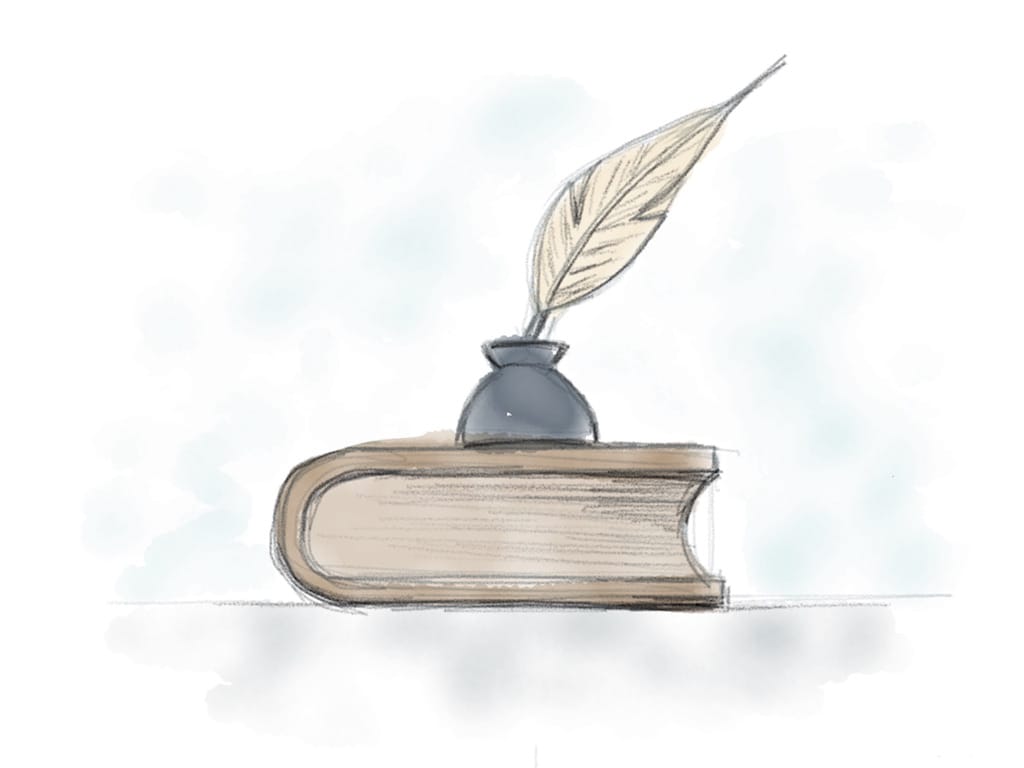 Dibujo de un libro con una tintero encima
