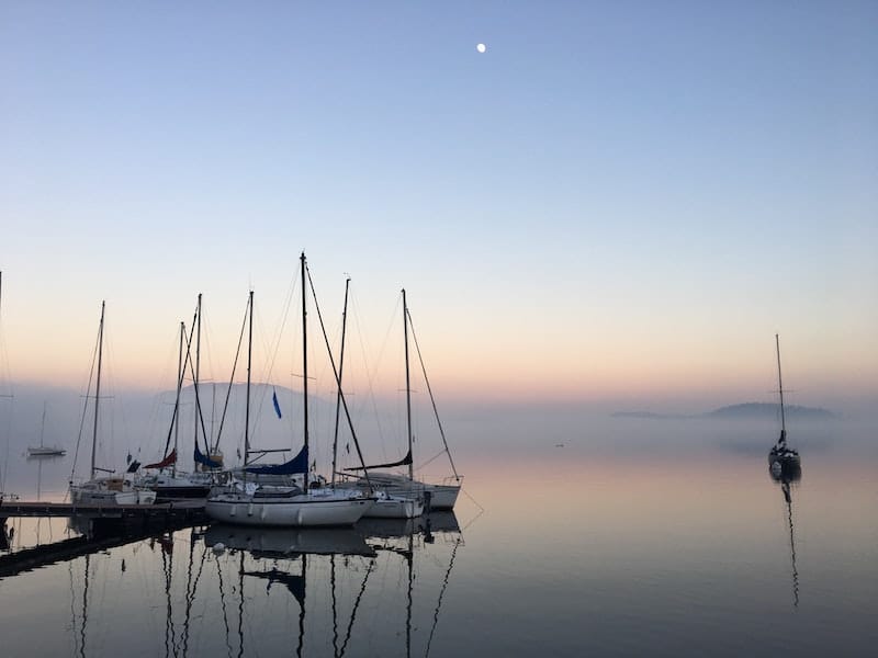 Port with moored sailboats